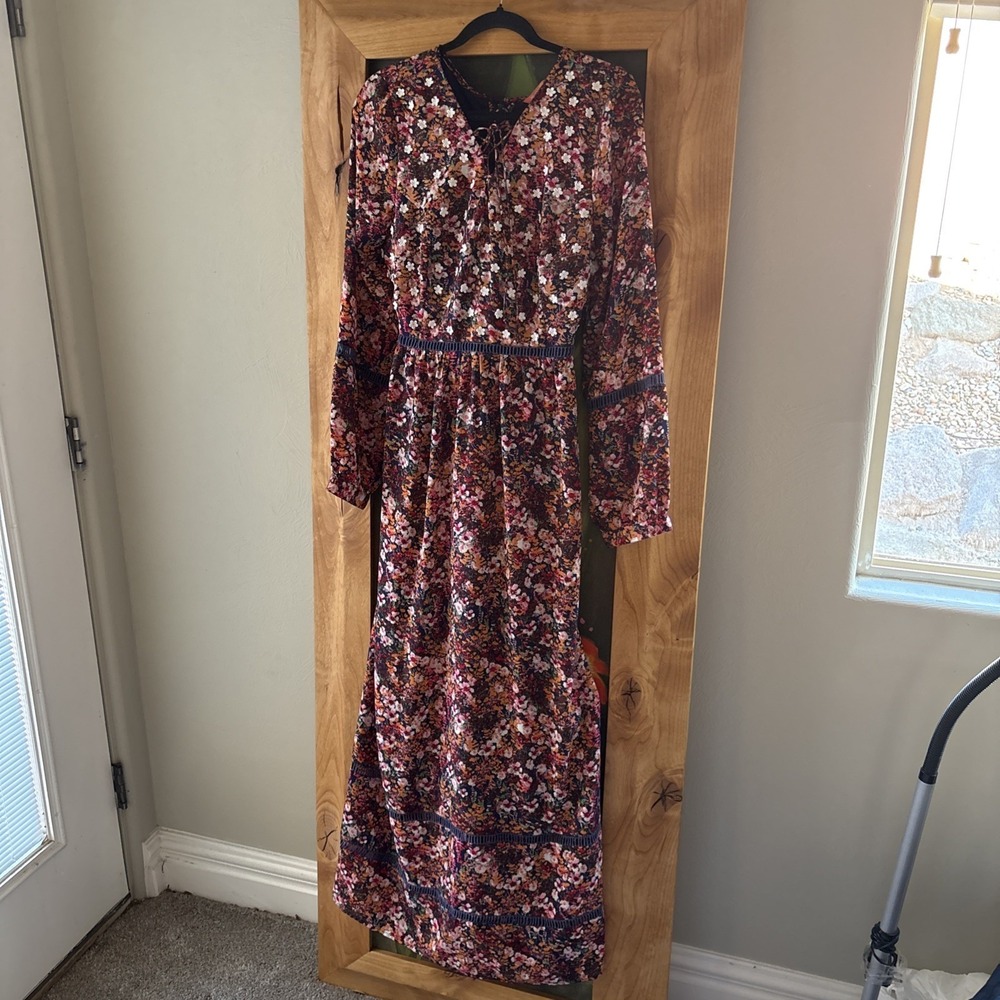ModCloth Red/Multi Floral Full Sleeve Flower Appliqué Vintage Maxi Dress XL